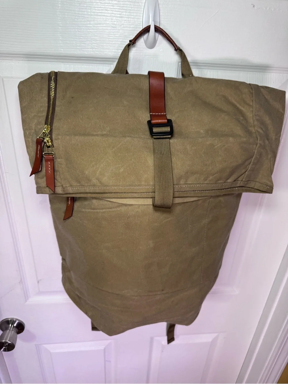 Roll-Top Canvas Backpack for Men — Khaki with Brown Trim